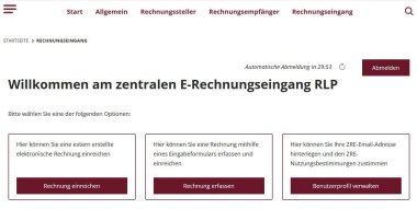 Home page of the central e-invoice receipt RLP after login