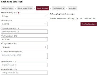 Enter invoice data when creating an e-invoice in the central e-invoice receipt RLP