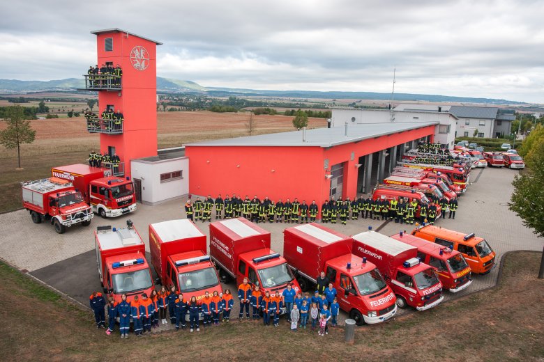 Fire brigade units and vehicles in front of the fire station Göllheim