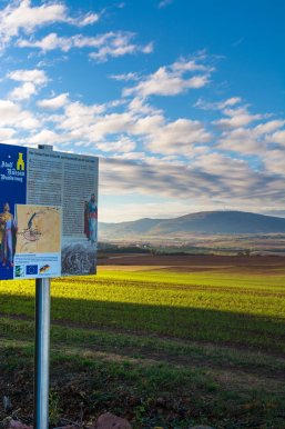 Panneau de signalisation du sentier de randonnée Adolf-von-Nassau avec vue sur le mont Donnersberg.
