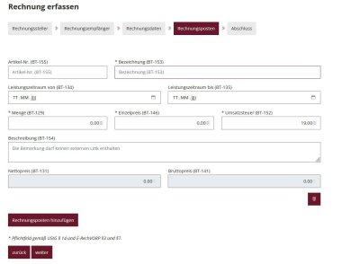 Rechnungsposten erfassen beim Erstellen einer e-Rechnung im Zentralen E-Rechnungseingang RLP